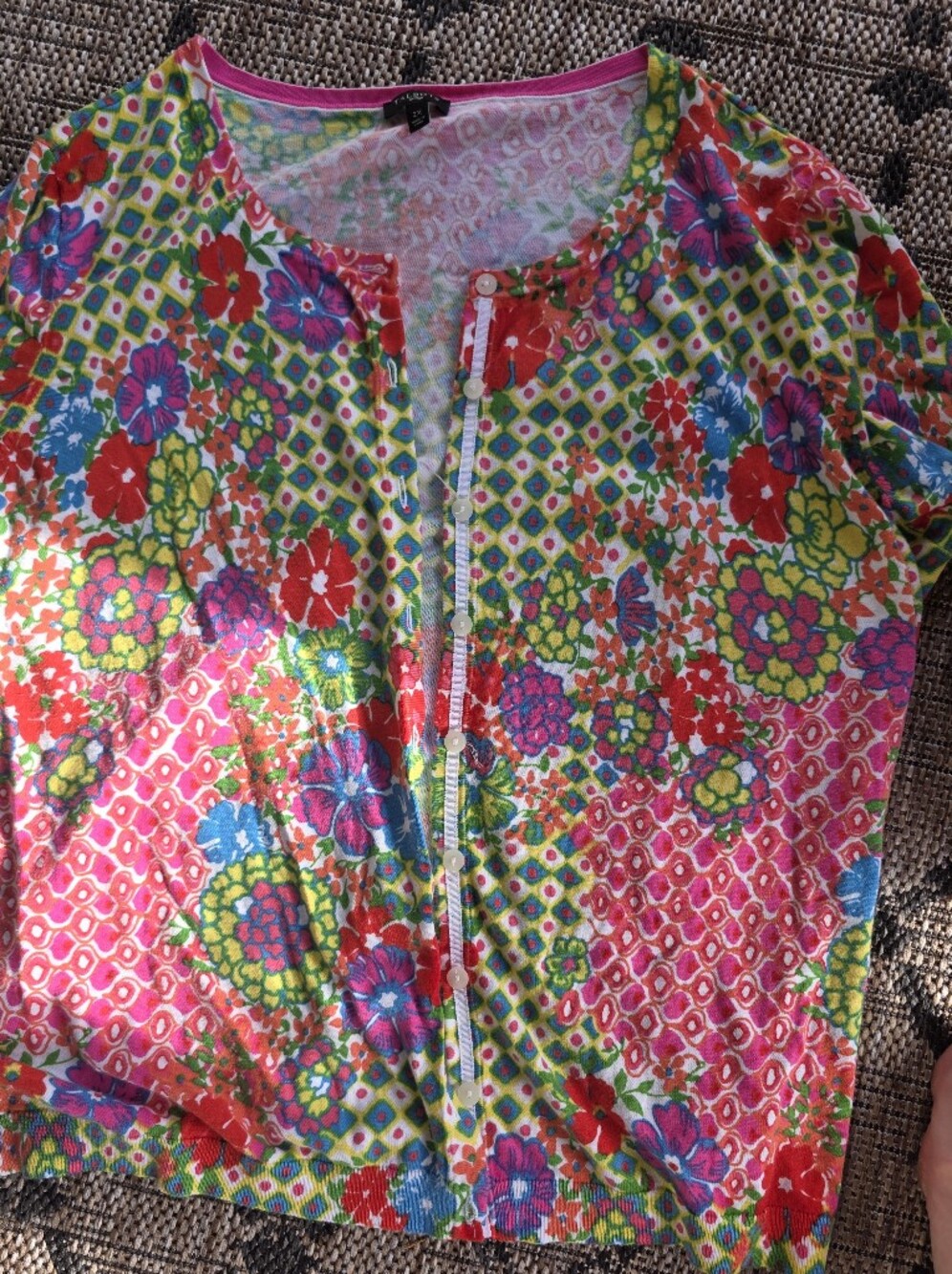 Talbots Multicolor Floral Mesh Top with Pink Trim
